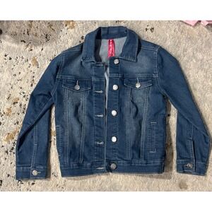 Pink Latte Girls Blue Denim Trucker Jacket Medium 8/10 Medium Wash Heart Buttons